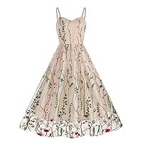 Women Embroidery Flower Mesh Patchwork Retro Cami Dress Summer 50s Spaghetti Strap High Waist Cocktail A-Line Dress