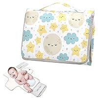 Cute Moon Clouds Stars Portable Diaper Changing Pad for Baby Waterproof Foldable Changing Mat Diaper Changing Station with Built-in Pillow for Park Shopping Travel
