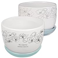 Christian Art Gifts White Ceramic Table Top Bible Verse Planter Pot w/Saucer Tray for Women: His Mercy Never Fails - Cute Indoor/Outdoor Floral w/Drainage Hole for Plants, Home & Flowers, White/Blue