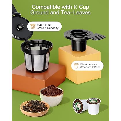 Hot and Iced Coffee Maker for K Cups and Ground Coffee, 4-5 Cups Coffee Maker and Single-serve Brewers, with 30Oz Removable Water Reservoir, 6 to 24Oz Cup Size, Pot and Tumbler Not Included, Black