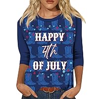 3/4 Sleeve Pub Popular T Shirt Women Independence Day Plus Size Crew-Neck Loose T Shirts Comfy American Flag