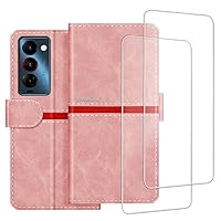 Phone Case Compatible with Tecno Camon 18 Premier + [2 Pack] Screen Protector Glass Film, Premium Leather Magnetic Protective Case Cover for Tecno Camon 18 Premier (6.7 inches) Pink
