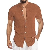 WENKOMG1 Button Down Shirt for Men Solid Color Lightweight Collarless Short Sleeve Shirt Regular Fit Casual Summer Blouse