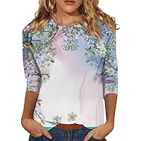 3/4 Length Sleeve Shirts for Women Crew Neck Floral Tops Dressy Casual Sweatshirts Three Quarter Sleeves Blouses