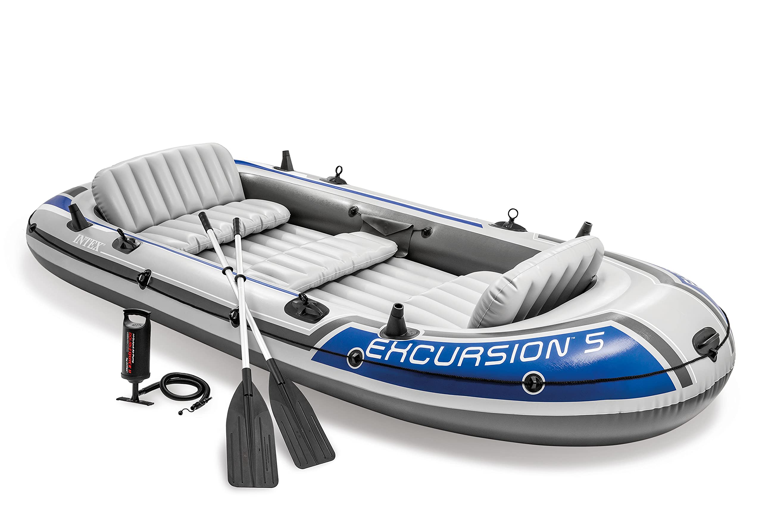 INTEX Excursion Inflatable Boat Series: Includes Deluxe 54in Aluminum Oars and High-Output Pump – SuperStrong PVC – Adjustable Seats with Backrest – Fishing Rod Holders – Welded Oar Locks