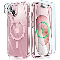 FNTCASE for iPhone 15 Case: Support Magnetic Charging Military Grade Drop Protection Anti Yellowing Cell Phone Cover - Rugged Sturdy Shockproof Protective Bumper - 6.1 Inch (Clear PinkRing)