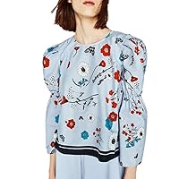 Women's Crewneck Roundneck Puff Sleeves Print Ruff Back Buttons Blouse Top