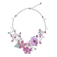 NOVICA Artisan Handmade Multigemstone Beaded Statement Necklace Floral Silver Plated Brass Rose Quartz Amethyst Pendant Thailand 'Lavender Garden'