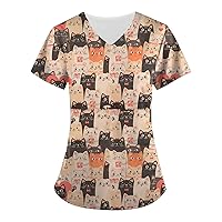 Womens Kawaii Tops Floral Loose Fit Long Blouses for Women Short Sleeve V Neck Work Scrub Summer Fall Shirt 2024