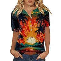 Hawaiian Shirts Womens T Shirts Womens 3/4 Sleeve Hawaiian Shirts V Neck Summer Floral Print Button Casual Tops