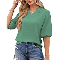 JASAMBAC Women's Summer Dressy Casual Tops Loose Business Work Tops V Neck Half Sleeve Pleated Flowy T Shirts Blouses