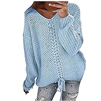 TUNUSKAT Womens Knit Sweater Fashion Drawstring Drop Shoulder Long Sleeve Jumper Pullover Solid Baggy V Neck Tops Blouse