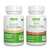 Super B-Complex & High Absorption Iron Bisglycinate 20mg with Vitamin C, Vegan Bundle, Methylated Sustained Release B Complex & Gentle One-a-Day Iron with Targeted Release, by Igennus