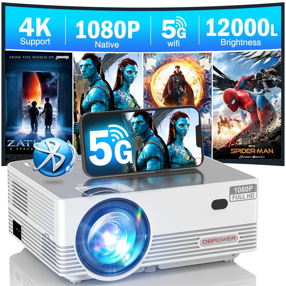 5G WiFi Bluetooth Projector, DBPOWER 12000L FHD 1080P Projector 4K Support, Outdoor Movie Projector Screen Mirror, Portable Mini Video Projector with Zoom/Timer for Smartphone/TV Stick/Laptop/DVD/PS5