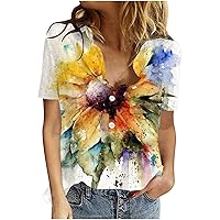 Summer Tops for Women Short Sleeve Buttons V Neck Pullover Floral Print Blouses with Pocket Comfy Cotton Linen Tshirts