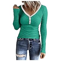 FYUAHI Women Long Sleeve Shirt V Neck Button Solid Color Slim Fitting Top Polo Trendy Casual Shirts Fall Tunic Tops