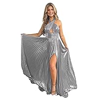 Women's Halter Prom Dress Long Satin Formal Evening Party Gown with Slit A Line Pleated Evening Dresses AN196