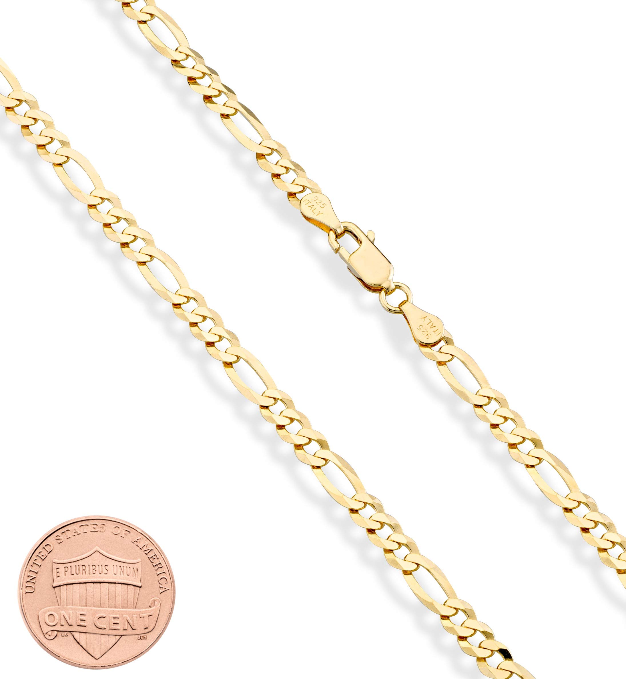 Miabella Solid 18K Gold Over Sterling Silver Italian 5mm Diamond-Cut Figaro Link Chain Necklace for Women Men, 925 Made in Italy