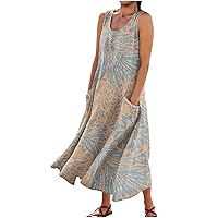 Cotton Linen Dresses for Women,2024 Spring Summer Elegant Trendy V Neck 3/4 Sleeve Midi Dress,Casual Plain Beach Dress Summer Sundress Boho Dress(2-Gray,XX-Large)