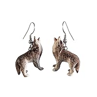 Howling Wolf Porcelain Earrings Hand Painted Jewellery Lucky Spirit Animal, Surgical Steel Porcelain, Grey