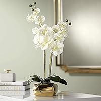 Potted Silk Faux Artificial Flowers Realistic White Phalaenopsis Orchid Greenery in Gold Ceramic Pot for Home Decoration Living Room Office Bedroom Bathroom Kitchen 22