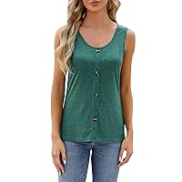 Womens Summer Sleeveless Casual Solid Basic T Shirts Button Scoop Neck Tanks Blouse Cute Tank Tops for Women Trendy