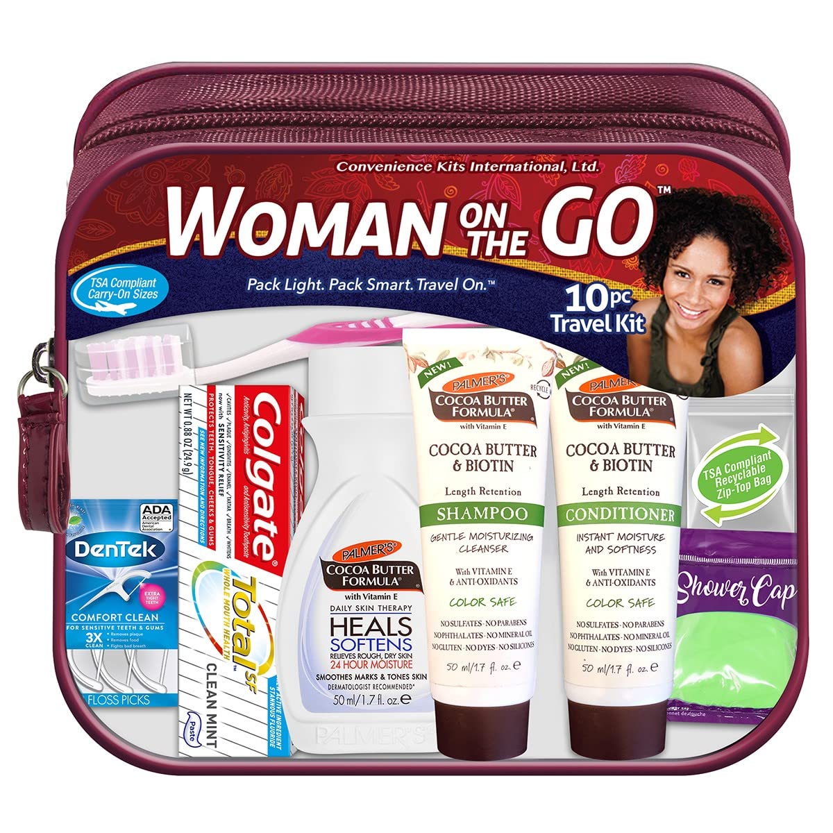 Convenience Kits International Women's Multicultural 10 PC Grooming/Hygiene Travel Kit Featuring: Palmer's Travel-Size Hair & Body Products, Beige, (23AZ)