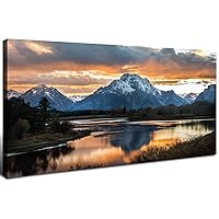 Sunset Mountain Wall Art for Living Room Nature Grand Teton Landscape Canvas Wall Decor National Park Posters Oxbow Bend Snake River Scenery Wyoming Painting Artwork Office Home Decoration 20x40