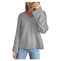 Women's Pullover Sweaters Casual Solid Color Button Off Shoulder Loose Knitted Sweater Cute Sweaters
