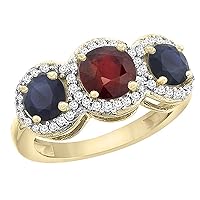 PIERA 14K Yellow Gold Enhanced Ruby Blue Sapphire Sides Round 3-Stone Ring Diamond Accents, Size 7.5