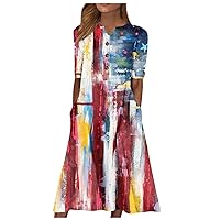 Womens Summer Silt Neck Half Sleeve Print Dress Button Baggy A Line Flowy Maxi Dress with Pocket