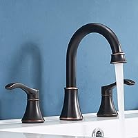 2-Handle 3 Hole Oil Rubbed Bronze Widespread Bathroom Sink Faucet Antique Solid Brass, 360° Swivel High-Arc Spout Bath Lavatory Vanity Faucets Set with Water Hoses