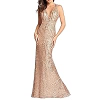 Womens 2018 Sequin Mermaid Long Evening Dress Empire Waist V Neck Prom Gown