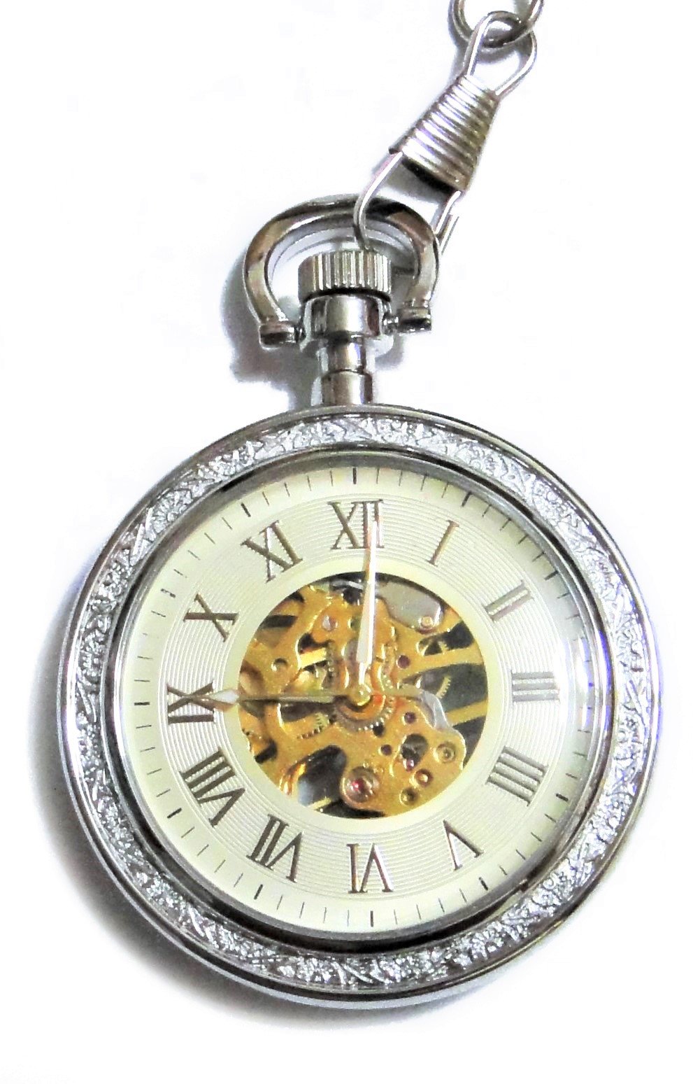 Ornate Carved Mechanical Pocket Watch - Steampunk Golden Skeleton - Vintage Retro Silver Open Face Fob Pocketwatch