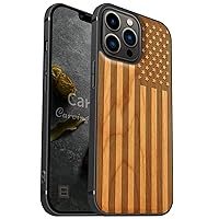 Carveit Magnetic Wood Case for iPhone 13 Pro Max [Hard Real Wood & Soft TPU] Shockproof Hybrid Protective Cover Unique & Classy Wooden Case Compatible with MagSafe (American Flag-Cherry)