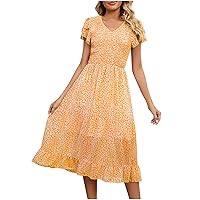 Women Bohemian Double Ruffle Short Sleeve A-Line Dress Summer Smocked High Waist Flowy Casual Fashion Mid Dresses