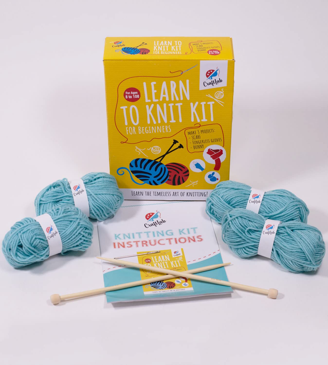 CraftLab Knitting Kit for Beginners, Kids and Adults Includes All Knitting Supplies: Wool Yarn, Wooden Knitting Needles, Yarn Needle and Instructions – Fantastic Gift