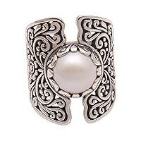 NOVICA Handmade .925 Sterling Silver Cultured Freshwater Pearl Cocktail Ring White from Bali Single Stone Indonesia Floral Birthstone 'Temple of The Moon'