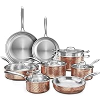 imarku Stainless Steel Pots and Pans Set, 14PCS Kitchen Cookware Sets with Lids, Non-Toxic Tri-Ply Clad Hammered Stainless Steel, Suits Ceramic and Induction, Oven and Dishwasher Safe, Rose Gold