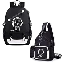 Luminous Anime School Backpack Bookbags, Small Sling Bag for Boys, Music Black
