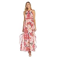 R&M Richards Women's Long Printed Floral Chiffon Halter Daytime Dress W/Inverted High Low Ruffle