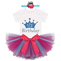 IDOPIP Birthday Outfit Girls Baby Strawberry Heart One Romper + Ruffle Tulle Skirt + Sequins Crown Headband 3PCS Clothes Set