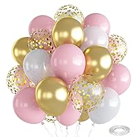 Balloons Pink White Gold, 12 Inch Pastel Pink Pearl White Metallic Chrome Gold Confetti Latex Balloons, Baby Pink Gold Party Balloons Set for Girls Baby Shower Birthday Princess Party Decorations