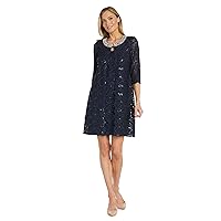 R&M Richards Women's Sequined Lace Dress and Jacket W/Beaded Necklace, Navy