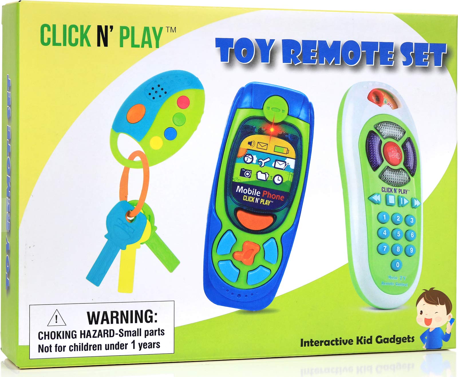 Click N' Play Pretend Play Cell Phone TV Remote & Car Key Accessory Playset for Kids with Lights Music & Sounds (Set of 3)