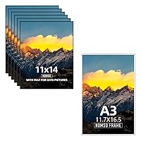 Front Loading 11x14 Picture Frame with Mat in Black Set of 6 - Display Pictures 11x14 with Mat or 8x10 Without Mat - A3 Picture Silver Frame 11.7x16.5 for Horizontal and Vertical