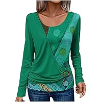 Women's Tunic Tops Ruched Side Buckle Casual Dressy Blouses Long Sleeve T Shirts Splicing Crewneck Sweatshirts