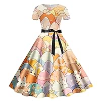 Womens Vintage Pleated Flared Swing A-Line Casual Party Work Dresses Easter Funny Bunny Egg Rabbit Print Crewneck Dress