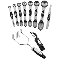 Spring Chef Stainless Steel Magnetic Measuring Spoons, Set of 8 & Stainless Steel Potato Masher and Swivel Peeler Set - 2 Product Bundle - Black