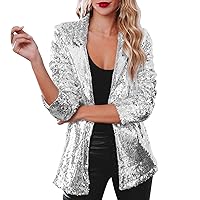 Sequin Blazer for Women Shimmer Jacket Casual Long Sleeve Glitter Party Shiny Lapel Coat Rave Lightweight Blazer Coat